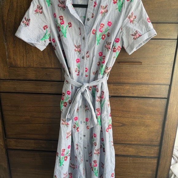 Maeve Anthropologie Blue Striped Floral Embroidered Shirt Dress Size 2 - Picture 3 of 4